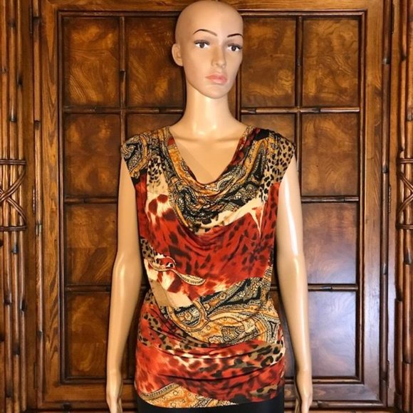 Grecian Multi Print Drape Front Sleeveless Top - Picture 1 of 12